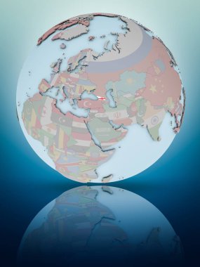 Gürcistan Ulusal bayrağını parlak yüzeye yansıtan dünya ile. 3D çizim.