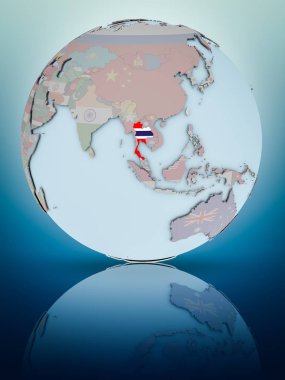 Tayland Ulusal bayrağını parlak yüzeye yansıtan dünya ile. 3D çizim.