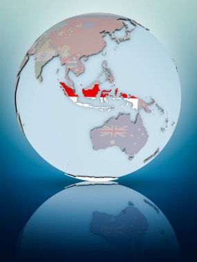 Endonezya Ulusal bayrağını parlak yüzeye yansıtan dünya ile. 3D çizim.