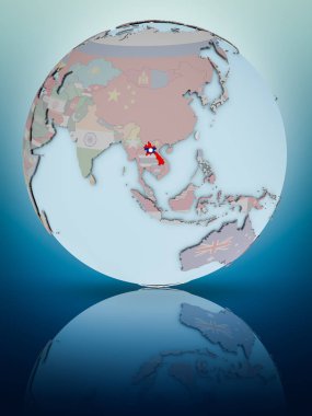 Laos Ulusal bayrağını parlak yüzeye yansıtan dünya ile. 3D çizim.