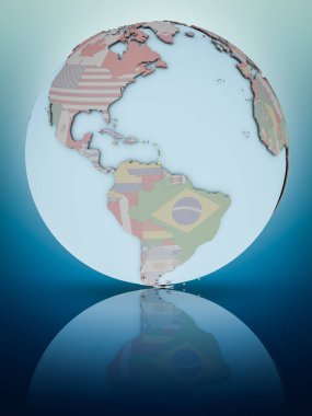 Karayipler parlak yüzeye yansıtan dünya üzerinde ulusal bayrak ile. 3D çizim.