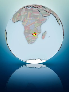 Zimbabve Ulusal bayrağını parlak yüzeye yansıtan dünya ile. 3D çizim.