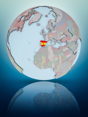 İspanya ile parlak yüzeye yansıtan dünya Ulusal bayrağını. 3D çizim.