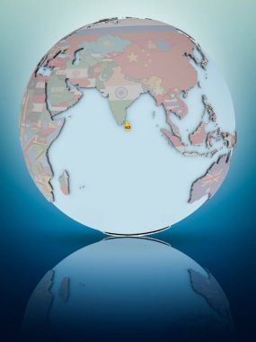 Sri Lanka ulusal bayrağını parlak yüzeye yansıtan dünya ile. 3D çizim.