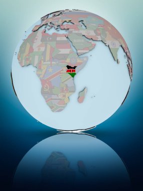 Kenya Ulusal bayrağını parlak yüzeye yansıtan dünya ile. 3D çizim.