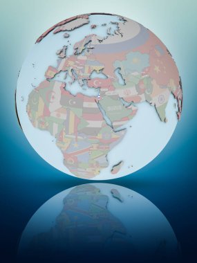 İsrail Ulusal bayrağını parlak yüzeye yansıtan dünya ile. 3D çizim.