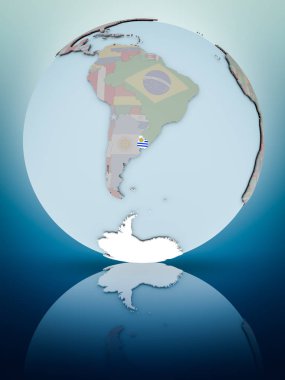 Uruguay Ulusal bayrağını parlak yüzeye yansıtan dünya ile. 3D çizim.