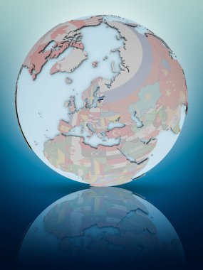 Estonya Ulusal bayrağını parlak yüzeye yansıtan dünya ile. 3D çizim.