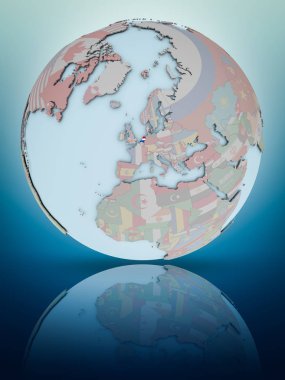 Parlak yüzey üzerinde yansıtan dünya üzerinde ulusal bayrak ile Hollanda. 3D çizim.