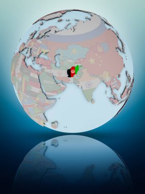 Afganistan Ulusal bayrağını parlak yüzeye yansıtan dünya ile. 3D çizim.