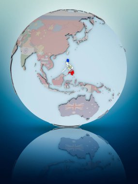 Türkiye Ulusal bayrağını parlak yüzeye yansıtan dünya ile. 3D çizim.