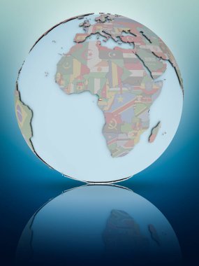 Ekvator Ginesi parlak yüzeye yansıtan dünya üzerinde ulusal bayrak ile. 3D çizim.