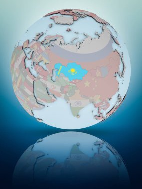 Kazakistan Ulusal bayrağını parlak yüzeye yansıtan dünya ile. 3D çizim.