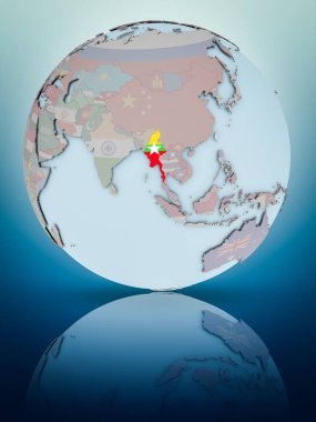 Myanmar parlak yüzeye yansıtan dünya üzerinde ulusal bayrak ile. 3D çizim.