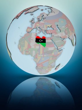 Libya Ulusal bayrağını parlak yüzeye yansıtan dünya ile. 3D çizim.