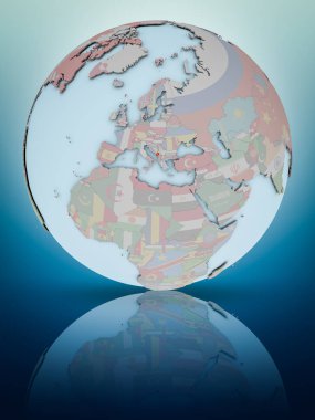 Karadağ ile parlak yüzeye yansıtan dünya Ulusal bayrağını. 3D çizim.