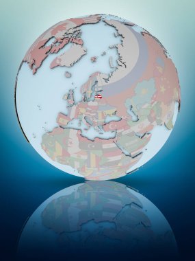 Letonya Ulusal bayrağını parlak yüzeye yansıtan dünya ile. 3D çizim.