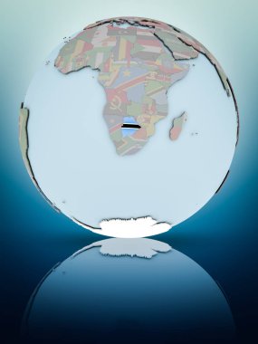 Botsvana parlak yüzeye yansıtan dünya üzerinde ulusal bayrak ile. 3D çizim.