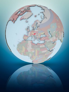 Avusturya Ulusal bayrağını parlak yüzeye yansıtan dünya ile. 3D çizim.