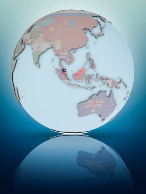 Malezya ulusal bayrağını parlak yüzeye yansıtan dünya ile. 3D çizim.