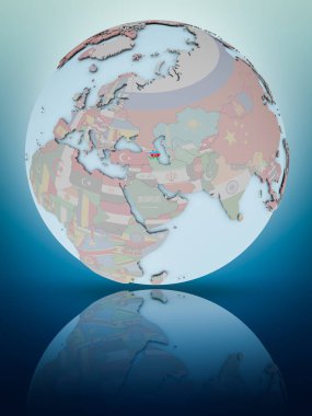 Azerbaycan Ulusal bayrağını parlak yüzeye yansıtan dünya ile. 3D çizim.