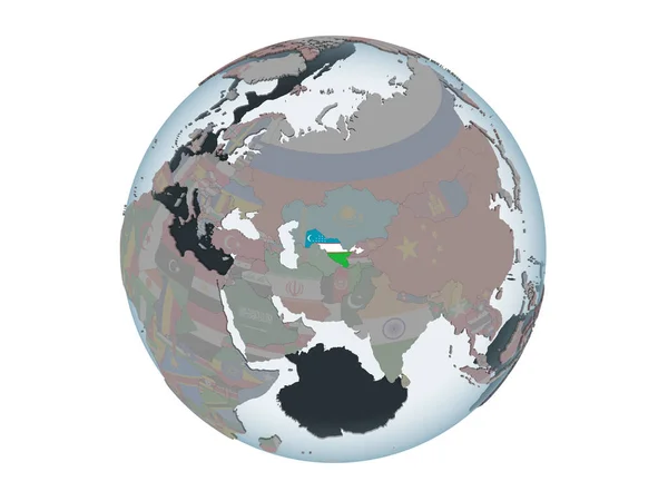Uzbequistão Globo Político Com Bandeira Embutida Ilustração Isolada Sobre Fundo — Fotografia de Stock