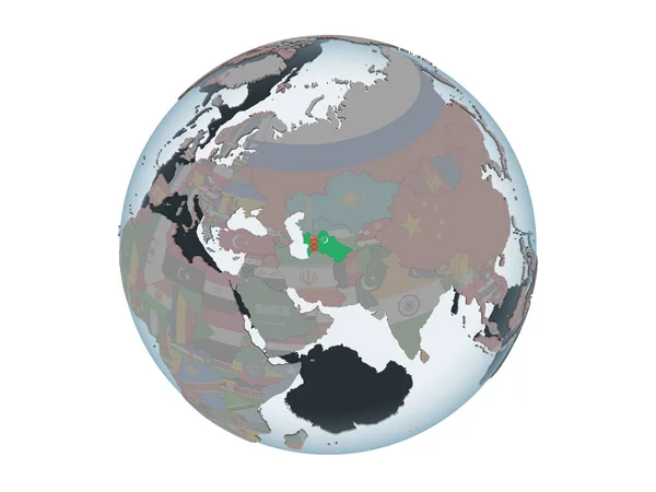 Turkmenistan Sul Globo Politico Con Bandiera Incorporata Illustrazione Isolata Sfondo — Foto Stock