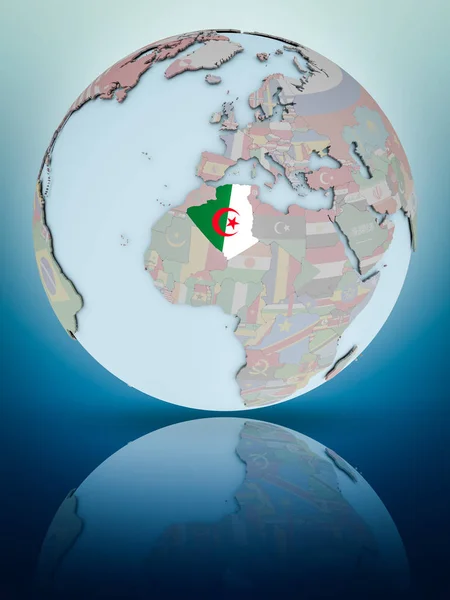 Aljazair Dengan Bendera Nasional Dunia Mencerminkan Pada Permukaan Mengkilap Ilustrasi — Stok Foto