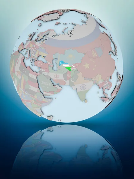 Узбекистан Національного Прапору Всьому Світу Відображають Блискучі Поверхні Ілюстрація — стокове фото