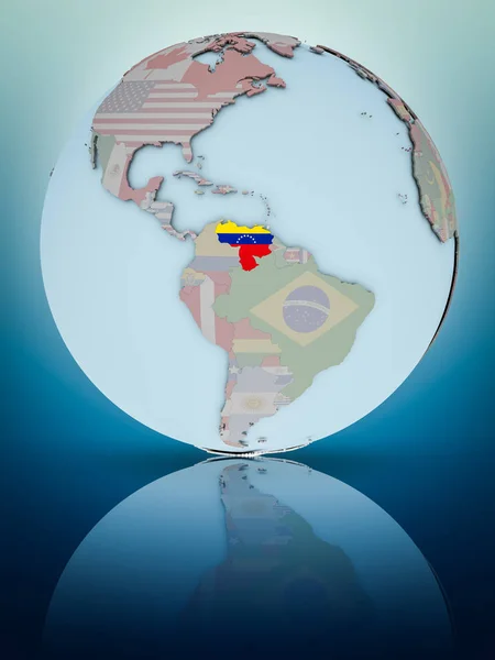 光沢のある表面を反映して世界の国旗とベネズエラ イラストレーション — ストック写真
