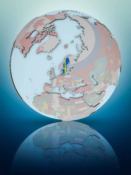 Švédsko Státní Vlajka Světě Odráží Lesklém Povrchu Obrázek — Stock fotografie