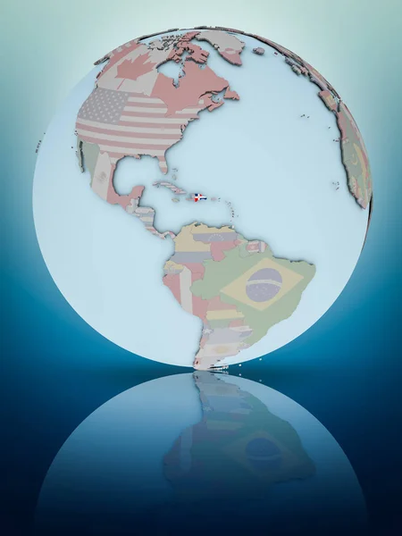 Доминиканская Республика Национальным Флагом Глобусе Отражающимся Блестящей Поверхности Иллюстрация — стоковое фото