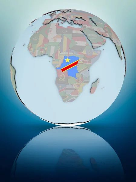 Kongói Demokratikus Köztársaság Nemzeti Zászló Globe Tükröző Fényes Felületre Illusztráció — Stock Fotó