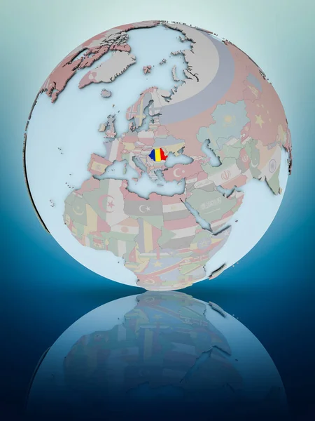 Rumänien Mit Der Nationalflagge Auf Dem Globus Die Sich Auf — Stockfoto