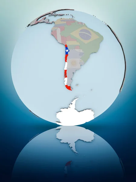 Chilei Nemzeti Zászló Globe Tükröző Fényes Felületre Illusztráció — Stock Fotó