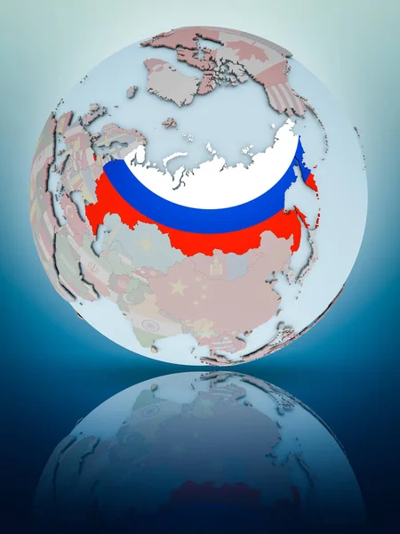 Ρωσία Εθνική Σημαία Στον Κόσμο Αντικατοπτρίζοντας Γυαλιστερή Επιφάνεια Απεικόνιση — Φωτογραφία Αρχείου