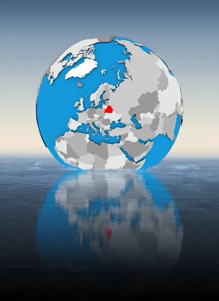 Belarus on globe floating in water. 3D illustration.