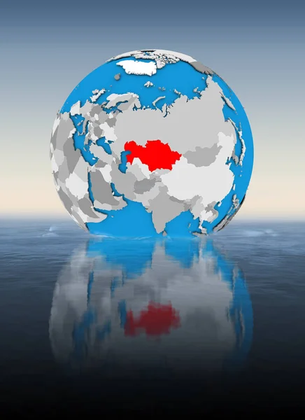 Kazakhstan on globe floating in water. 3D illustration.