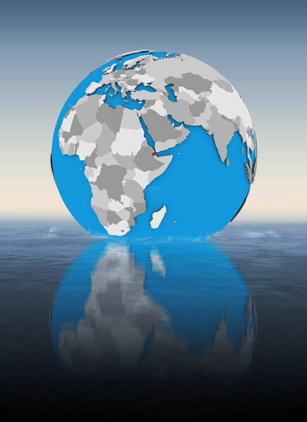 Djibouti on globe floating in water. 3D illustration.