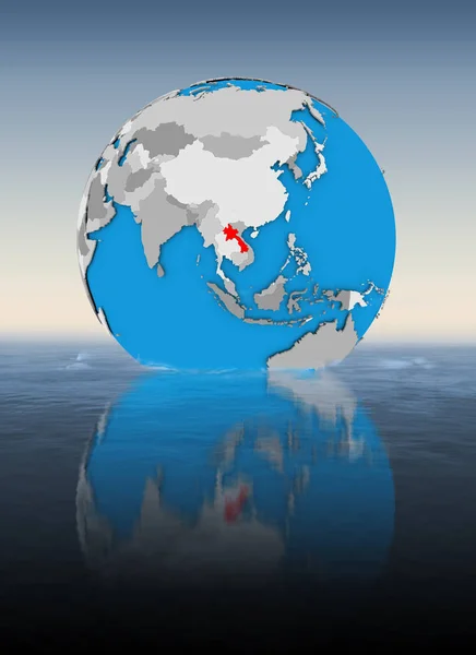 Laos on globe floating in water. 3D illustration.