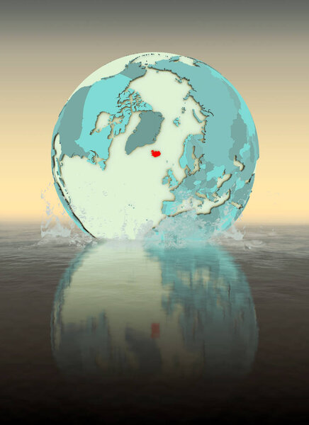 Iceland on globe splashed into the water. 3D illustration.