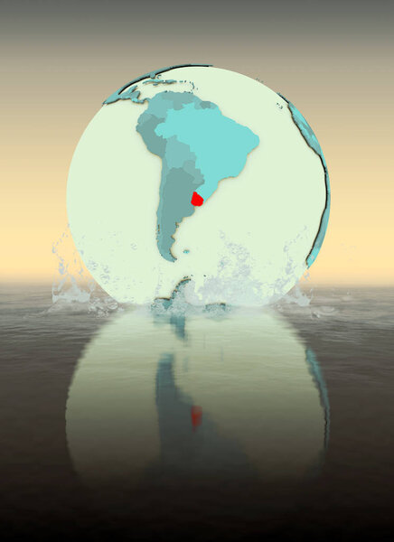 Uruguay on globe splashed into the water. 3D illustration.