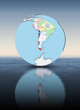 Şili Ulusal bayrakları suyun üstünde yüzen ile siyasi dünya üzerinde. 3D çizim.