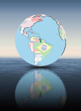 Guyana suyun üstünde yüzen ülke bayrakları ile siyasi dünya üzerinde. 3D çizim.