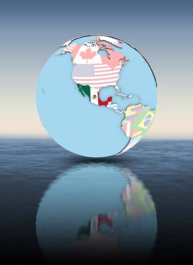 Meksika Ulusal bayrakları suyun üstünde yüzen ile siyasi dünya üzerinde. 3D çizim.