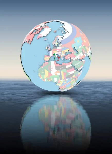 Italy on political globe with national flags floating above water. 3D illustration.