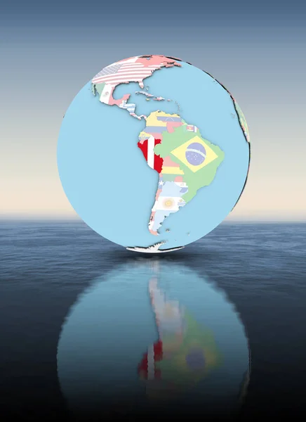Perú Globo Político Con Banderas Nacionales Flotando Sobre Agua Ilustración —  Fotos de Stock