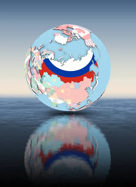 Rússia Globo Político Com Bandeiras Nacionais Flutuando Acima Água Ilustração — Fotografia de Stock