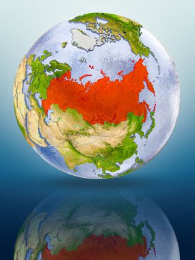 Rusya içinde kırmızı rengi parlak yüzeye yansıtan dünya üzerinde. 3D çizim.