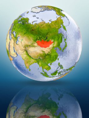 Moğolistan içinde kırmızı rengi parlak yüzeye yansıtan dünya üzerinde. 3D çizim.